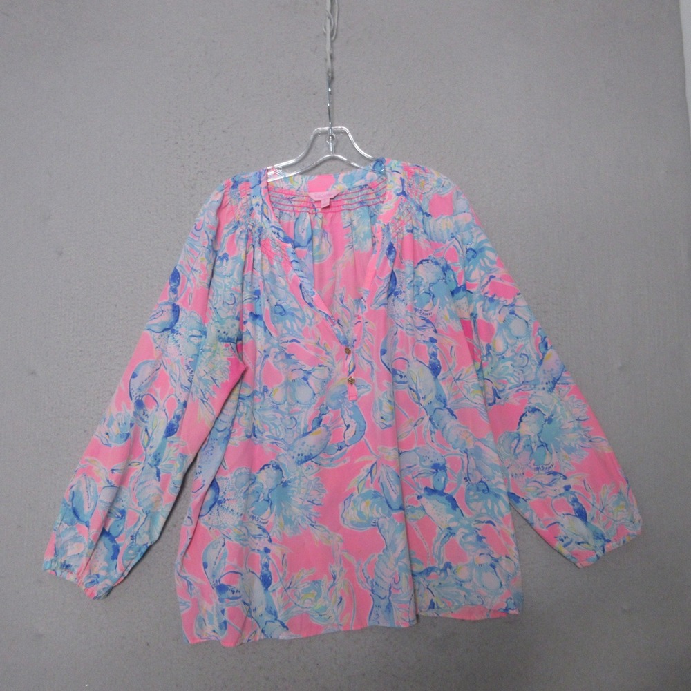 Lilly Pulitzer Silk Blouse XL Elsa Top Pink Blue Lobster Beachy Resort Preppy